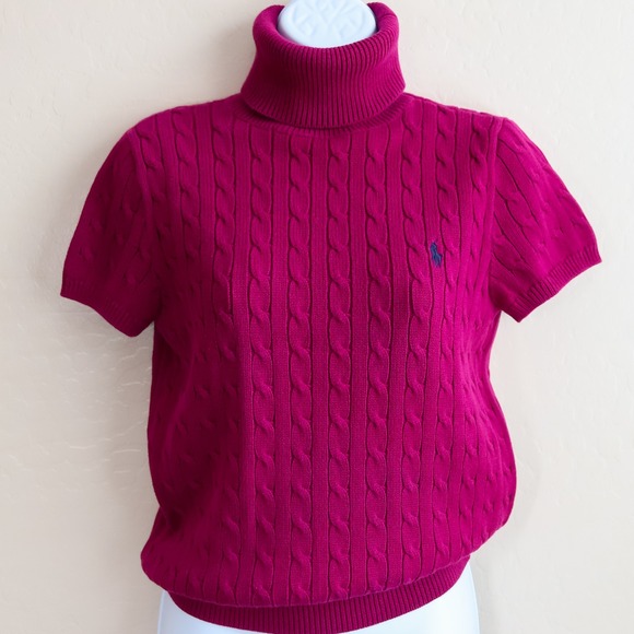 Ralph Lauren Sport Cable Knit Short Sleeve Turtleneck Top Pink Women's L - Picture 1 of 10